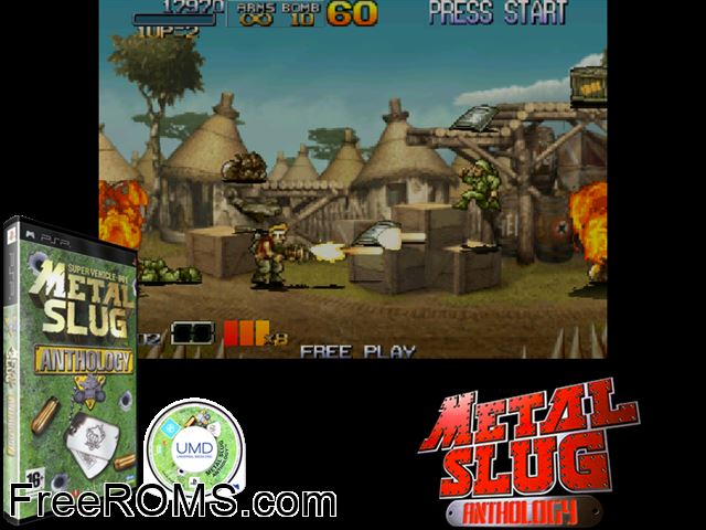 Metal Slug Anthology (Europe) PSP game showing 3D box cover and gameplay screenshot
