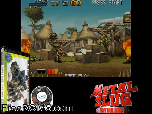 Metal Slug Complete (Japan) PSP game showing 3D box cover and gameplay screenshot