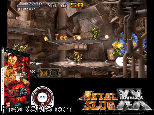 Metal Slug XX (China) PSP game showing 3D box cover and gameplay screenshot