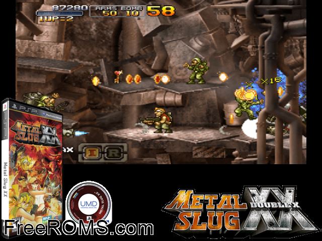 Metal Slug XX (Europe) PSP game showing 3D box cover and gameplay screenshot
