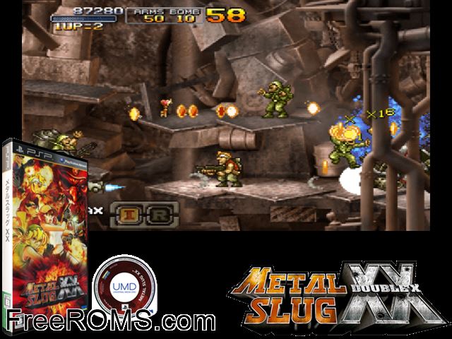 Metal Slug XX (Japan) PSP game showing 3D box cover and gameplay screenshot