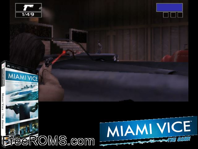 Miami Vice - The Game PSP game showing 3D box cover and gameplay screenshot