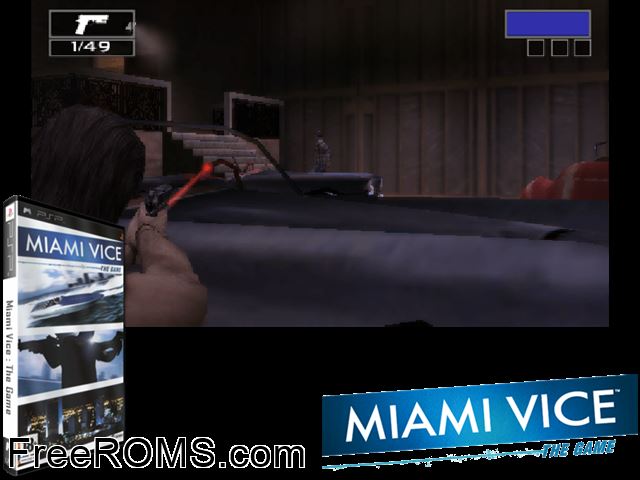 Miami Vice - The Game (Europe) PSP game showing 3D box cover and gameplay screenshot