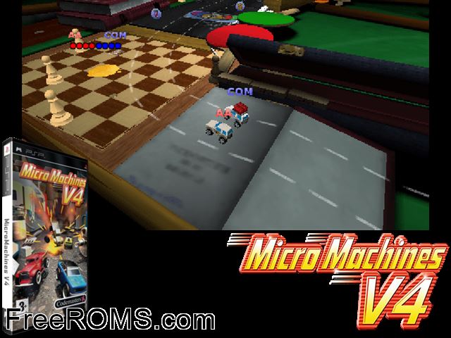 Micro Machines V4 PSP game showing 3D box cover and gameplay screenshot