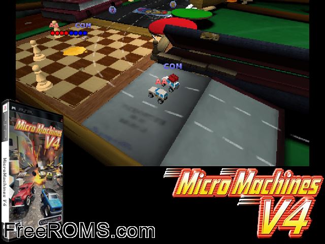 Micro Machines V4 (Europe) PSP game showing 3D box cover and gameplay screenshot