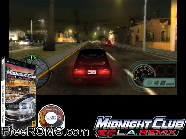 Midnight Club - L.A. Remix PSP game showing 3D box cover and gameplay screenshot