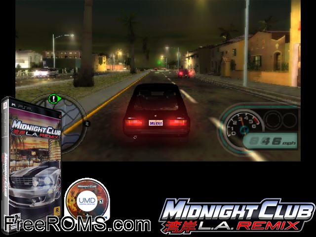 Midnight Club - L.A. Remix (Japan) PSP game showing 3D box cover and gameplay screenshot