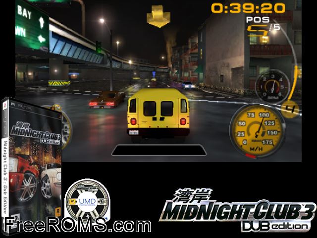 Midnight Club 3 - Dub Edition PSP game showing 3D box cover and gameplay screenshot