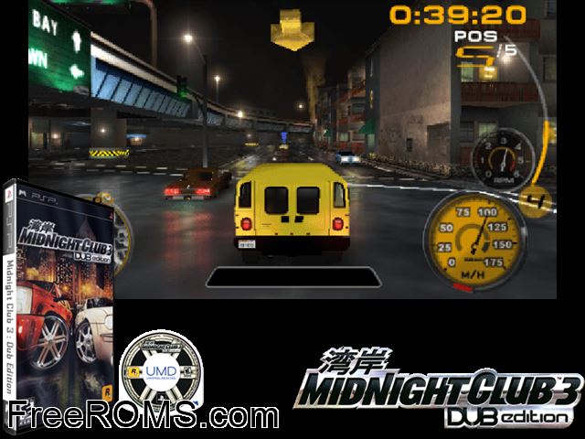 Midnight Club 3 - Dub Edition (Europe) PSP game showing 3D box cover and gameplay screenshot