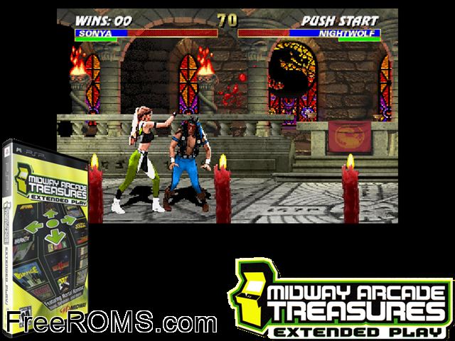 Midway Arcade Treasures - Extended Play PSP game showing 3D box cover and gameplay screenshot