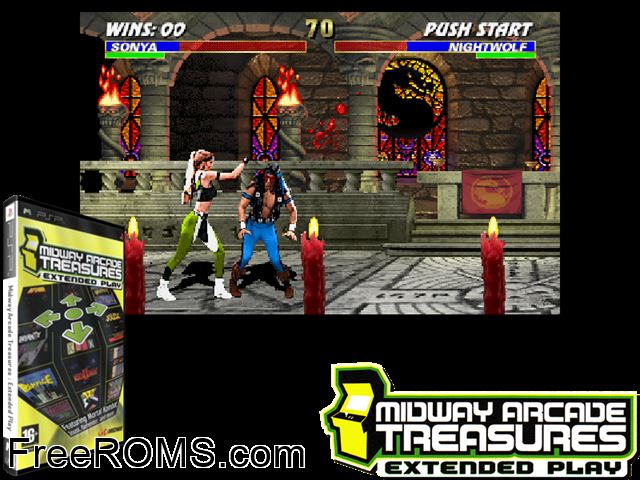 Midway Arcade Treasures - Extended Play (Europe) PSP game showing 3D box cover and gameplay screenshot