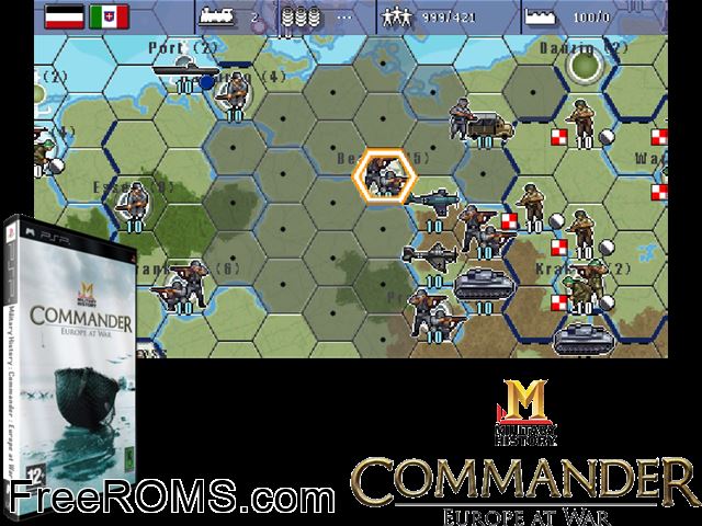 Military History Commander - Europe At War (Europe) PSP game showing 3D box cover and gameplay screenshot