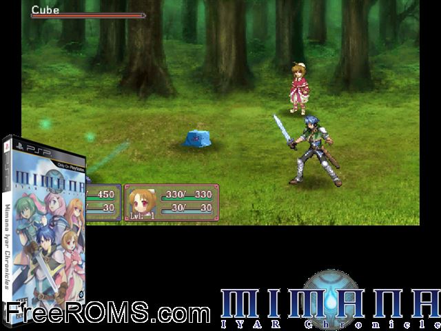 Mimana Iyar Chronicle (Japan) PSP game showing 3D box cover and gameplay screenshot