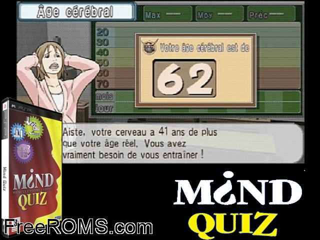 Mind Quiz PSP game showing 3D box cover and gameplay screenshot