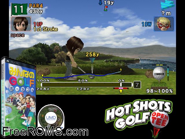Minna no Golf Portable (Japan) PSP game showing 3D box cover and gameplay screenshot