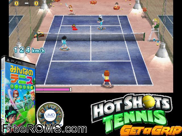Minna no Tennis Portable (Japan) PSP game showing 3D box cover and gameplay screenshot