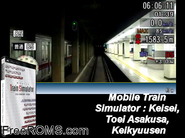 Mobile Train Simulator - Keisei - Toei Asakusa - Keikyuusen (Japan) PSP game showing 3D box cover and gameplay screenshot