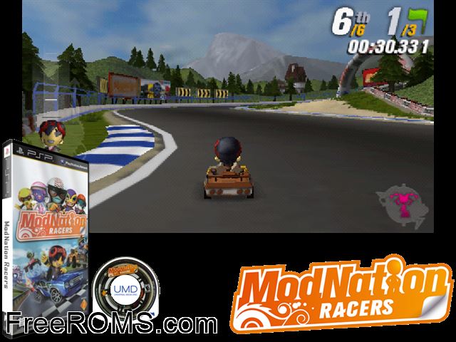 Modnation Mugen no Kart Oukoku (Japan) PSP game showing 3D box cover and gameplay screenshot
