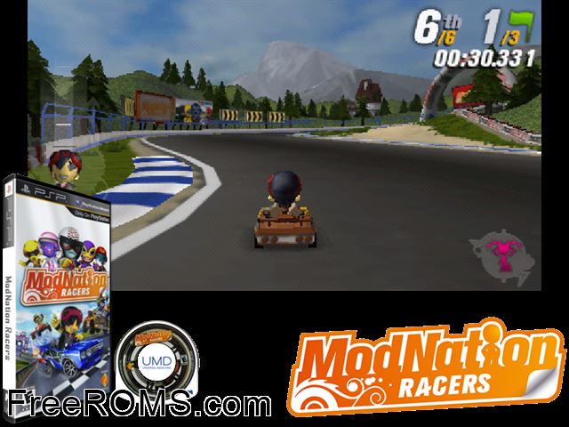 Modnation Racers (China) PSP game showing 3D box cover and gameplay screenshot