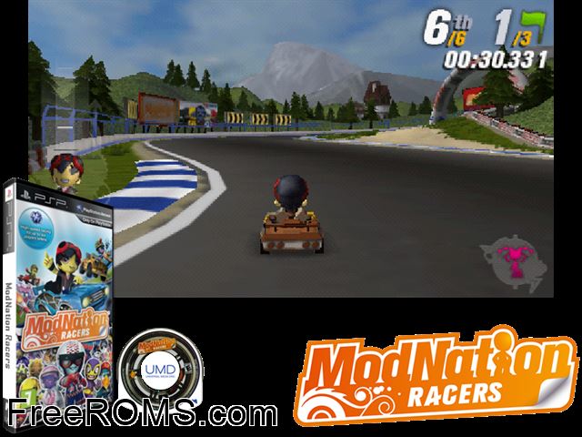Modnation Racers (Europe) PSP game showing 3D box cover and gameplay screenshot