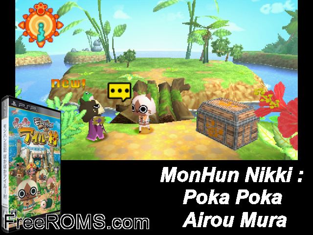 Monhun Nikki - Poka Poka Ailu Mura (Japan) PSP game showing 3D box cover and gameplay screenshot