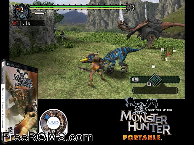 Monster Hunter Freedom (Europe) PSP game showing 3D box cover and gameplay screenshot