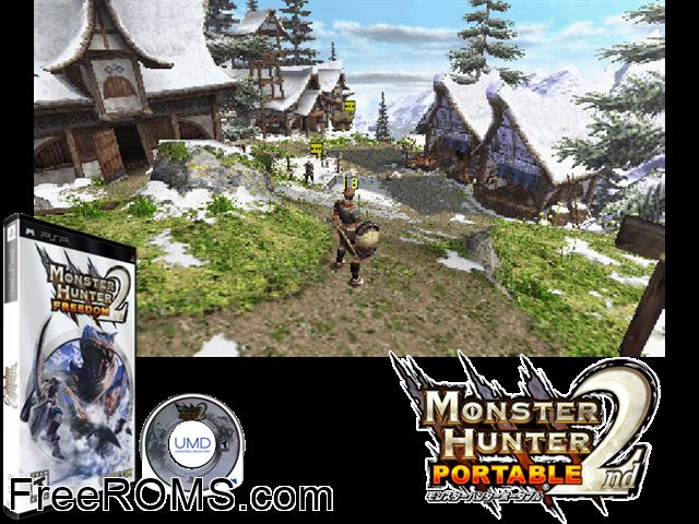 Monster Hunter Freedom 2 PSP game showing 3D box cover and gameplay screenshot