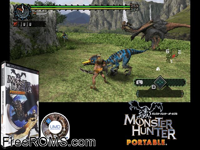 Monster Hunter Portable (Korea) PSP game showing 3D box cover and gameplay screenshot