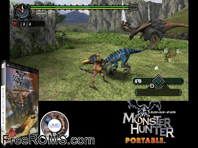 Monster Hunter Portable Japan PSP game showing 3D box cover and gameplay screenshot