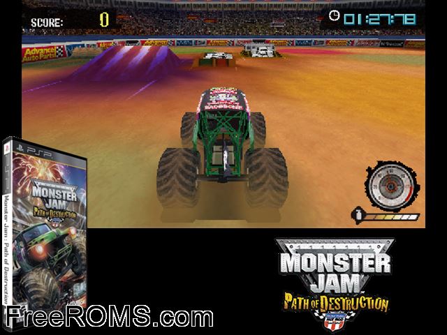 Monster Jam - Path of Destruction PSP game showing 3D box cover and gameplay screenshot