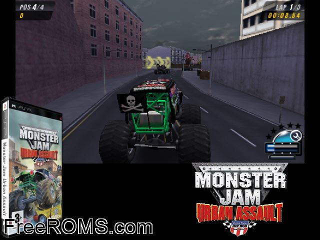 Monster Jam - Urban Assault (Europe) PSP game showing 3D box cover and gameplay screenshot