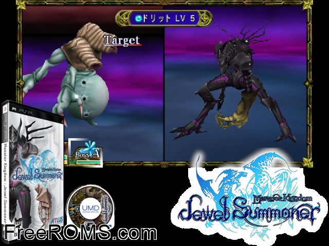 Monster Kingdom - Jewel Summoner PSP game showing 3D box cover and gameplay screenshot