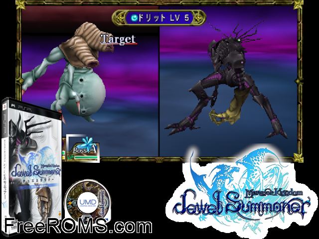 Monster Kingdom - Jewel Summoner (Japan) PSP game showing 3D box cover and gameplay screenshot