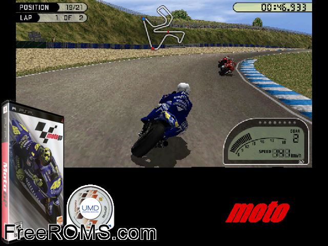 Moto GP PSP game showing 3D box cover and gameplay screenshot