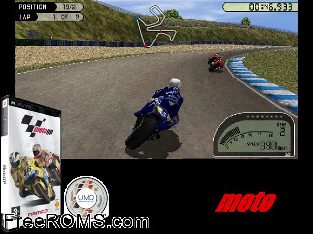 Moto GP (Europe) PSP game showing 3D box cover and gameplay screenshot