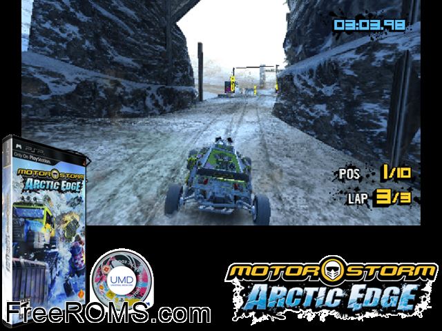 Motorstorm - Arctic Edge (Europe) PSP game showing 3D box cover and gameplay screenshot