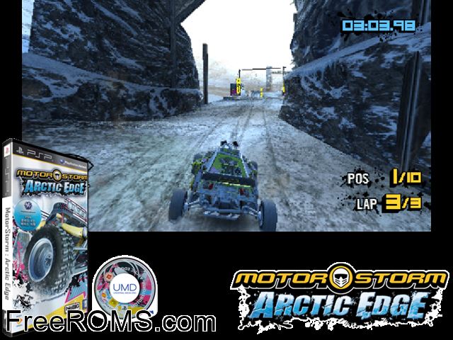 Motorstorm - Arctic Edge (Korea) PSP game showing 3D box cover and gameplay screenshot