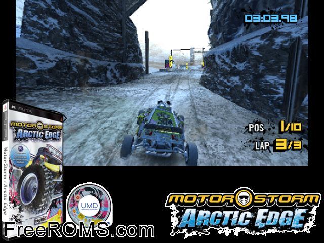 Motorstorm - Raging Ice (Japan) PSP game showing 3D box cover and gameplay screenshot