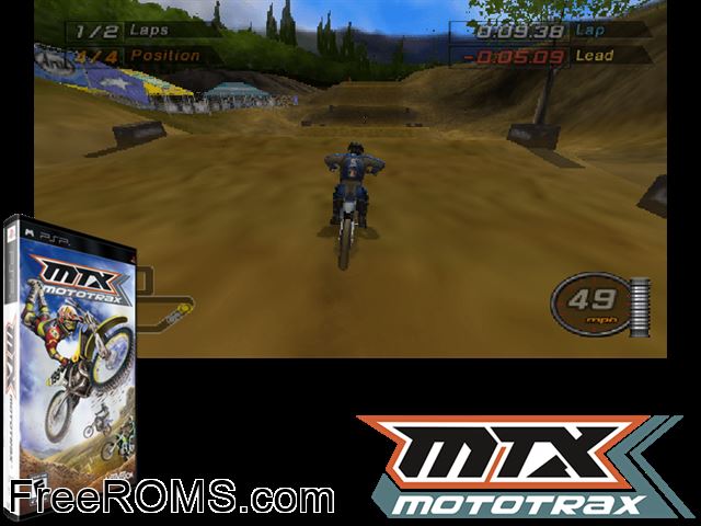 MTX Mototrax PSP game showing 3D box cover and gameplay screenshot
