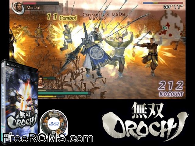 Musou Orochi (Japan) PSP game showing 3D box cover and gameplay screenshot