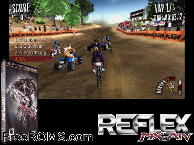 MX vs. ATV Reflex PSP game showing 3D box cover and gameplay screenshot