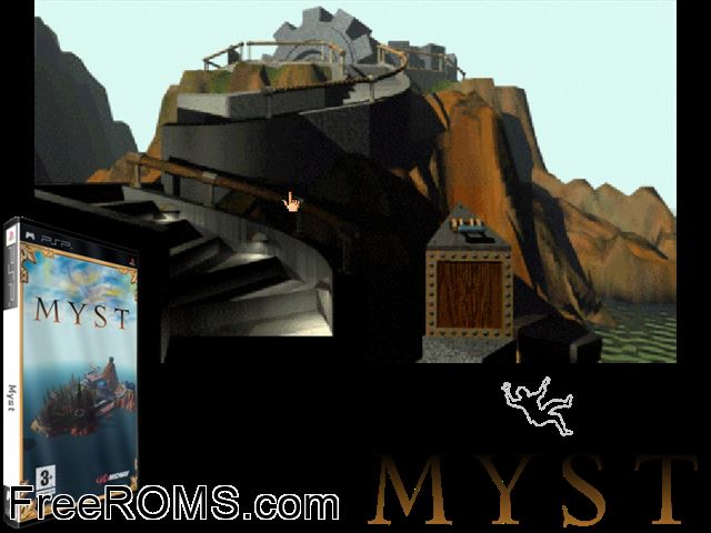 Myst (Europe) PSP game showing 3D box cover and gameplay screenshot