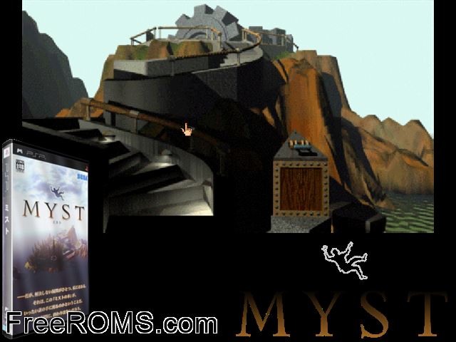 Myst (Japan) PSP game showing 3D box cover and gameplay screenshot