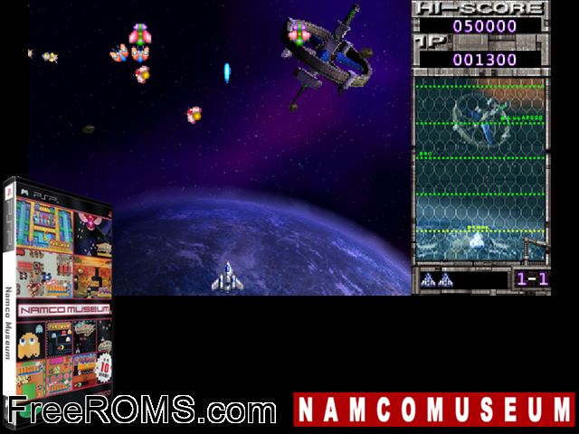 Namco Museum (Korea) PSP game showing 3D box cover and gameplay screenshot