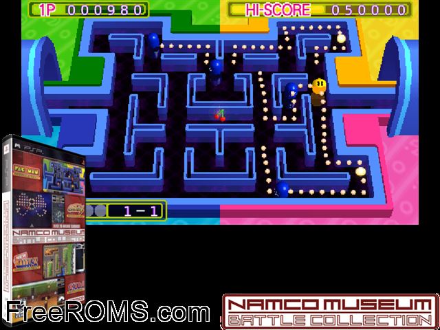 Namco Museum Battle Collection PSP game showing 3D box cover and gameplay screenshot