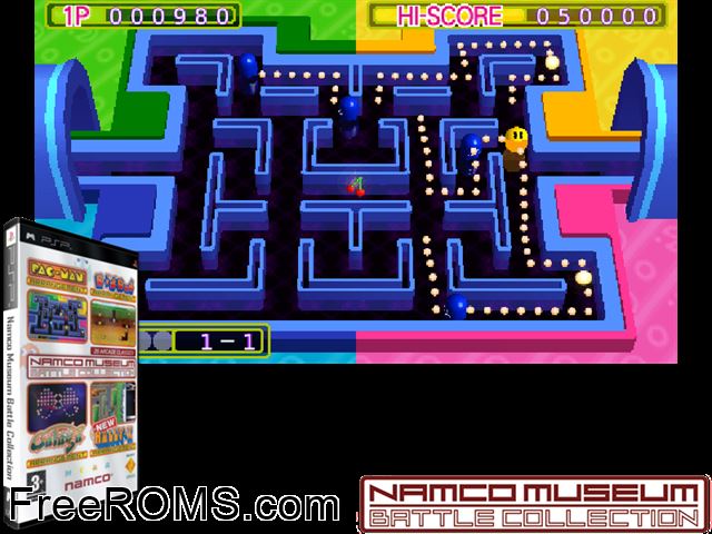 Namco Museum Battle Collection (Europe) PSP game showing 3D box cover and gameplay screenshot