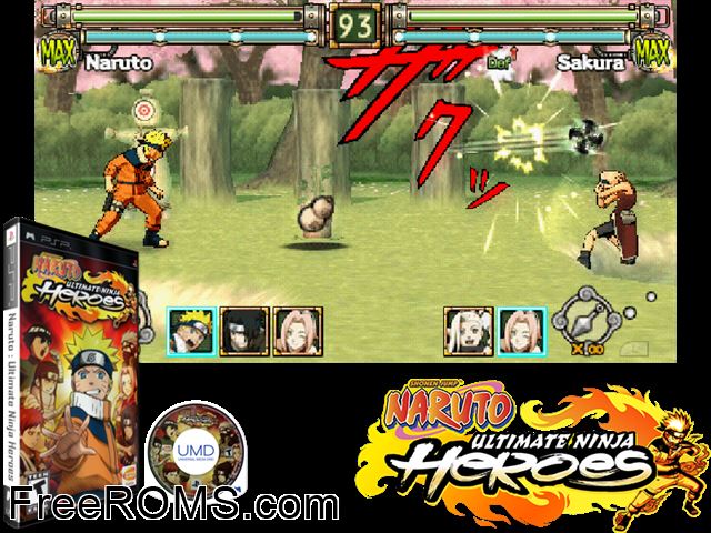 Naruto - Ultimate Ninja Heroes PSP game showing 3D box cover and gameplay screenshot