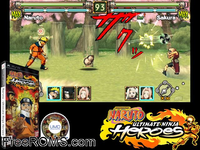 Naruto - Ultimate Ninja Heroes (Europe) PSP game showing 3D box cover and gameplay screenshot