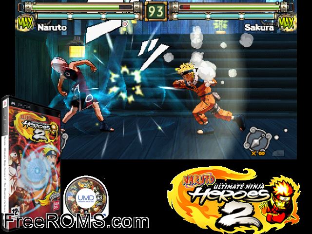 Naruto - Ultimate Ninja Heroes 2 - The Phantom Fortress PSP game showing 3D box cover and gameplay screenshot
