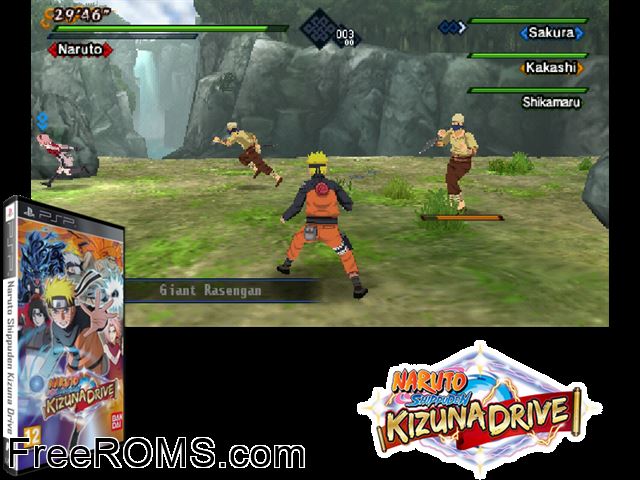 Naruto Shippuden - Kizuna Drive PSP game showing 3D box cover and gameplay screenshot